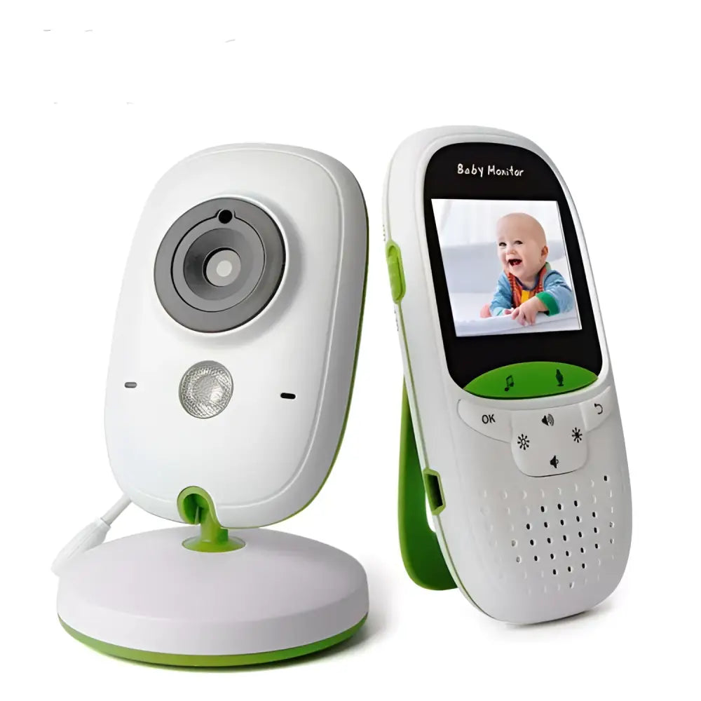 White and green 2 inch wireless intercom baby video monitor with camera on stand and handheld receiver showing smiling infant