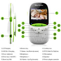 White and lime green wireless intercom baby video monitor with 2 inch screen displaying sleeping infant and labeled buttons