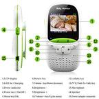 White and lime green wireless intercom baby video monitor with 2 inch screen displaying sleeping infant and labeled buttons