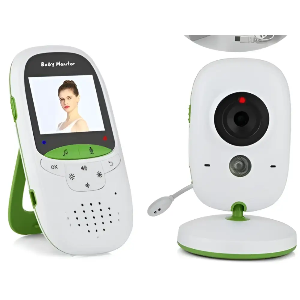 White and green 2 inch wireless intercom baby video monitor with 400mah lithium polymer battery and screen buttons