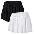Two pack flowy athletic shorts in black and white with pleats elastic waistbands and drawstrings for gym yoga