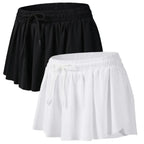 Black and white pack flowy athletic shorts with pleated design elastic waistband and drawstrings for gym yoga