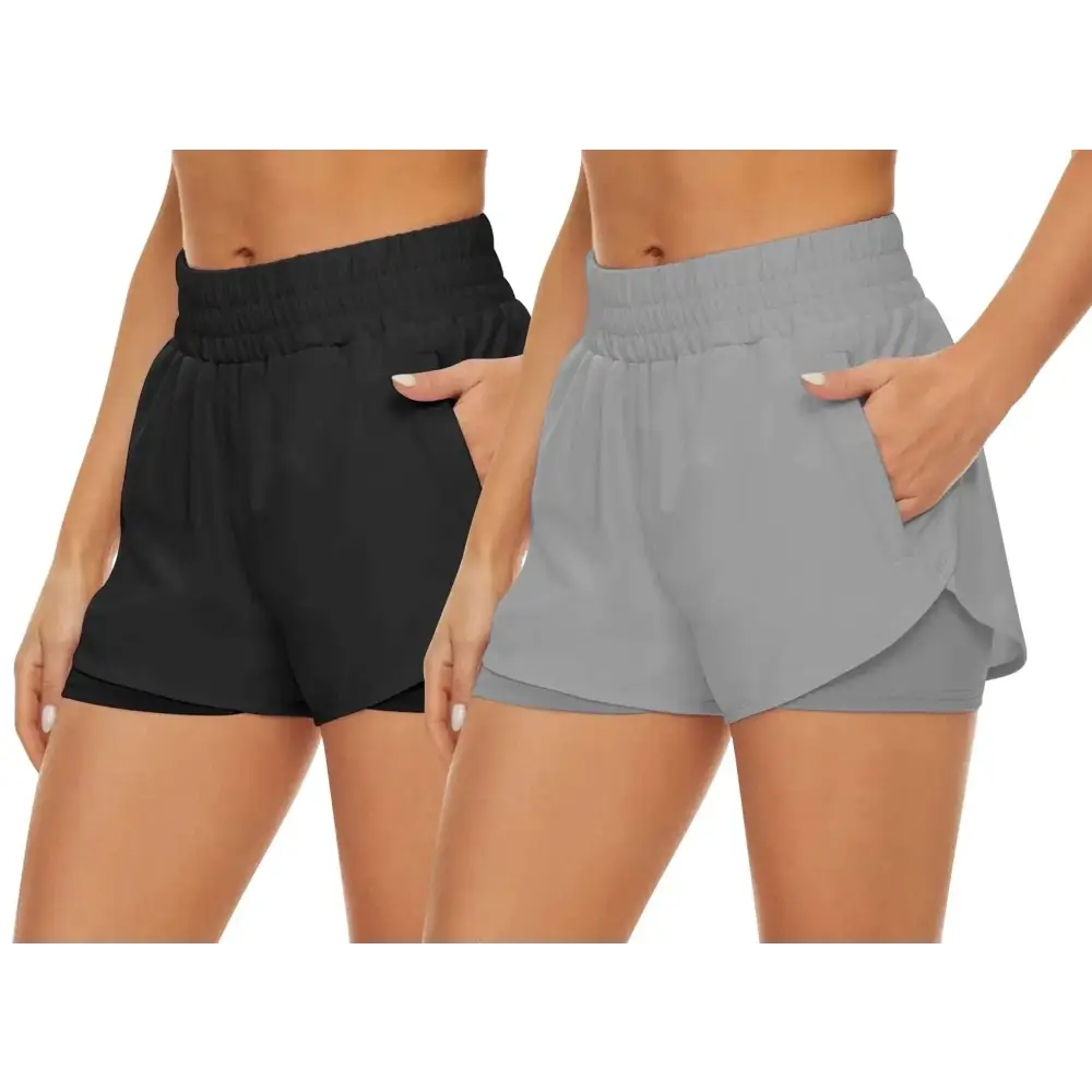 Black and gray gym sports shorts pack high waisted quick dry with elastic waistband side pockets and layered design