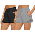 Black and gray gym sports shorts pack high waisted quick dry with elastic waistband side pockets and layered design