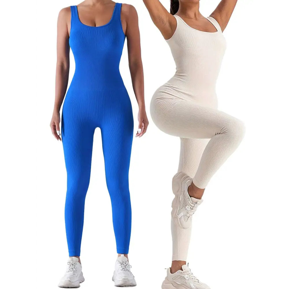 Blue and cream ribbed knit casual wear jumpsuits in a 2 pack ribbed solid design with waist curve detailing