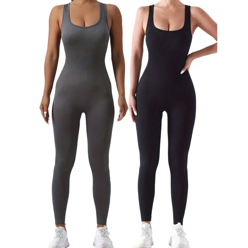Gray and black pack ribbed solid casual wear jumpsuits with square neckline and high-waisted waist curve design