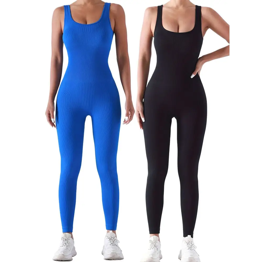 Blue and black pack ribbed solid casual wear jumpsuits with scoop necklines and waist curve in one-piece workout suits