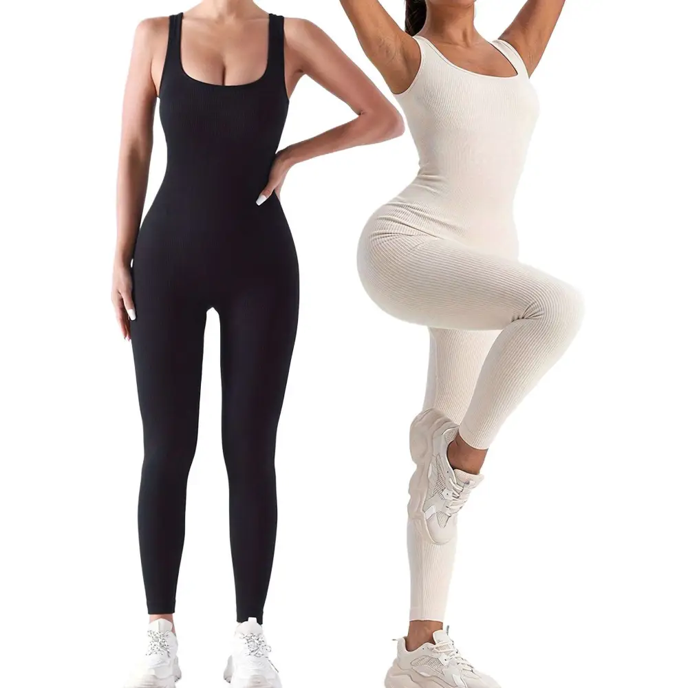 Black and cream ribbed one-piece casual wear jumpsuits pack ribbed solid with sleek waist curve design for sport and leisure
