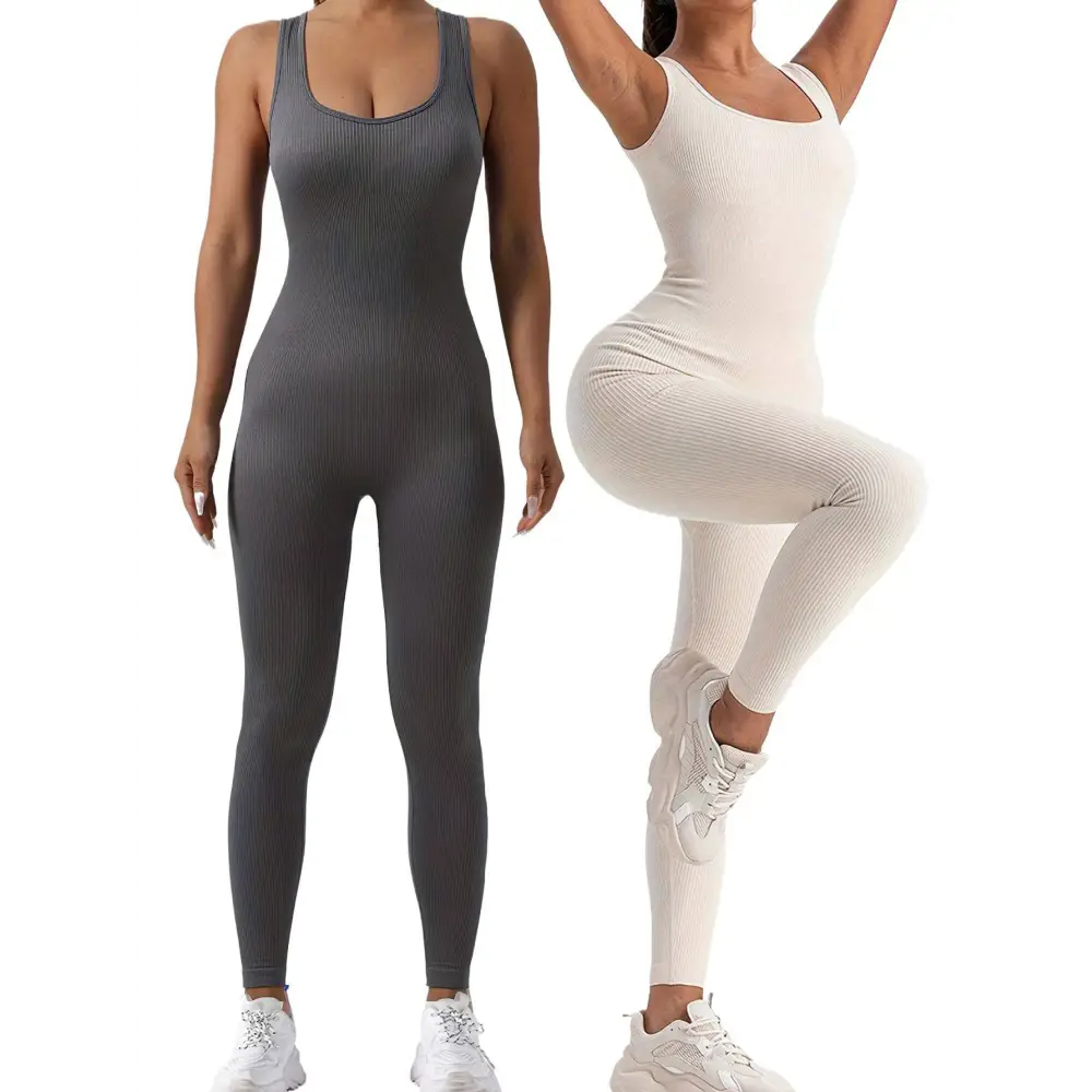 Gray and white pack ribbed solid color casual wear jumpsuits with stretchy fabric and waist curve detail for workout use