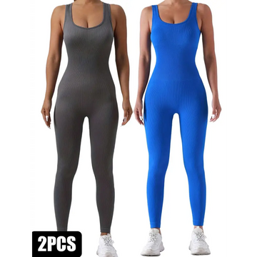 Gray and blue ribbed knit casual wear jumpsuits pack ribbed solid with waist curve designed for sport and casual use