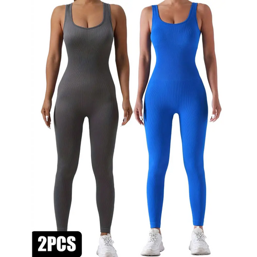 Gray and blue ribbed knit casual wear jumpsuits pack ribbed solid with waist curve designed for sport and casual use