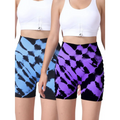 High waist seamless yoga shorts 2 pack tie dye in vibrant blue purple with black splatter made of stretchy fabric