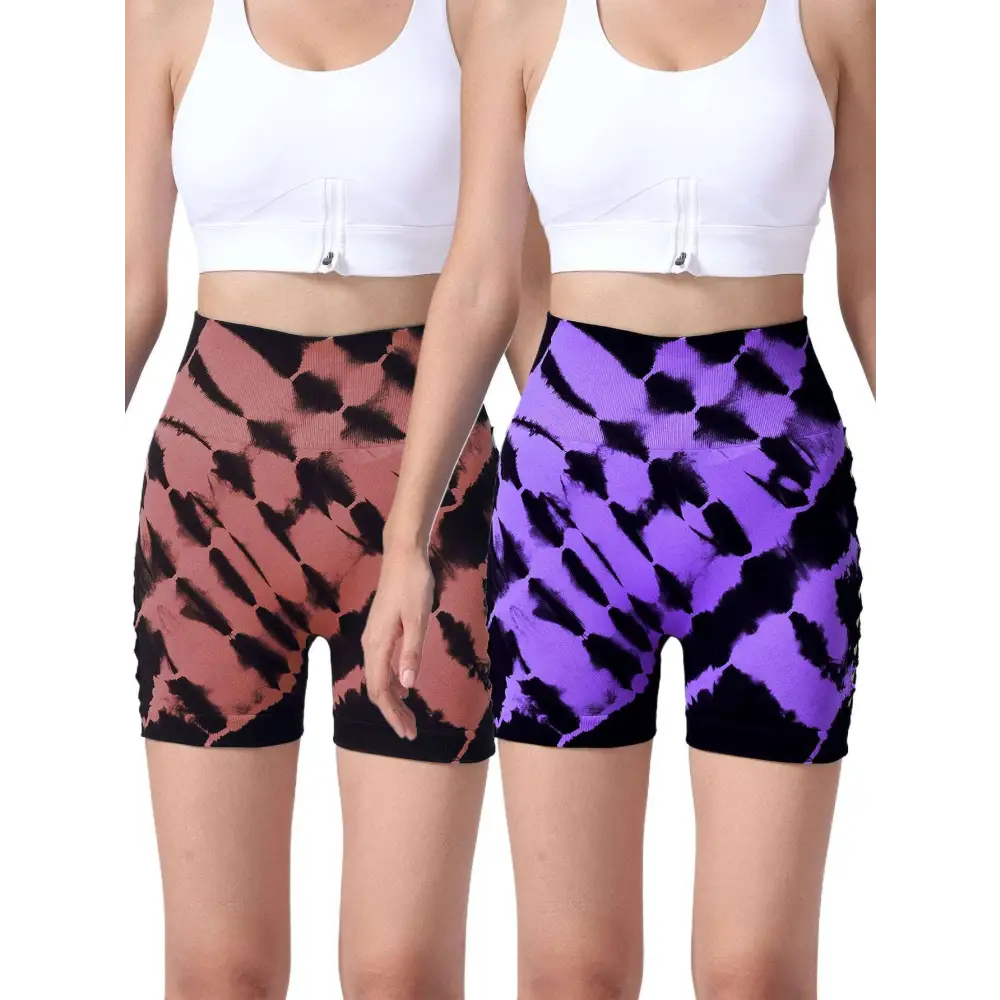 2 pack tie dye high waist seamless bike shorts in pink black and purple black with seamless hip lift for yoga