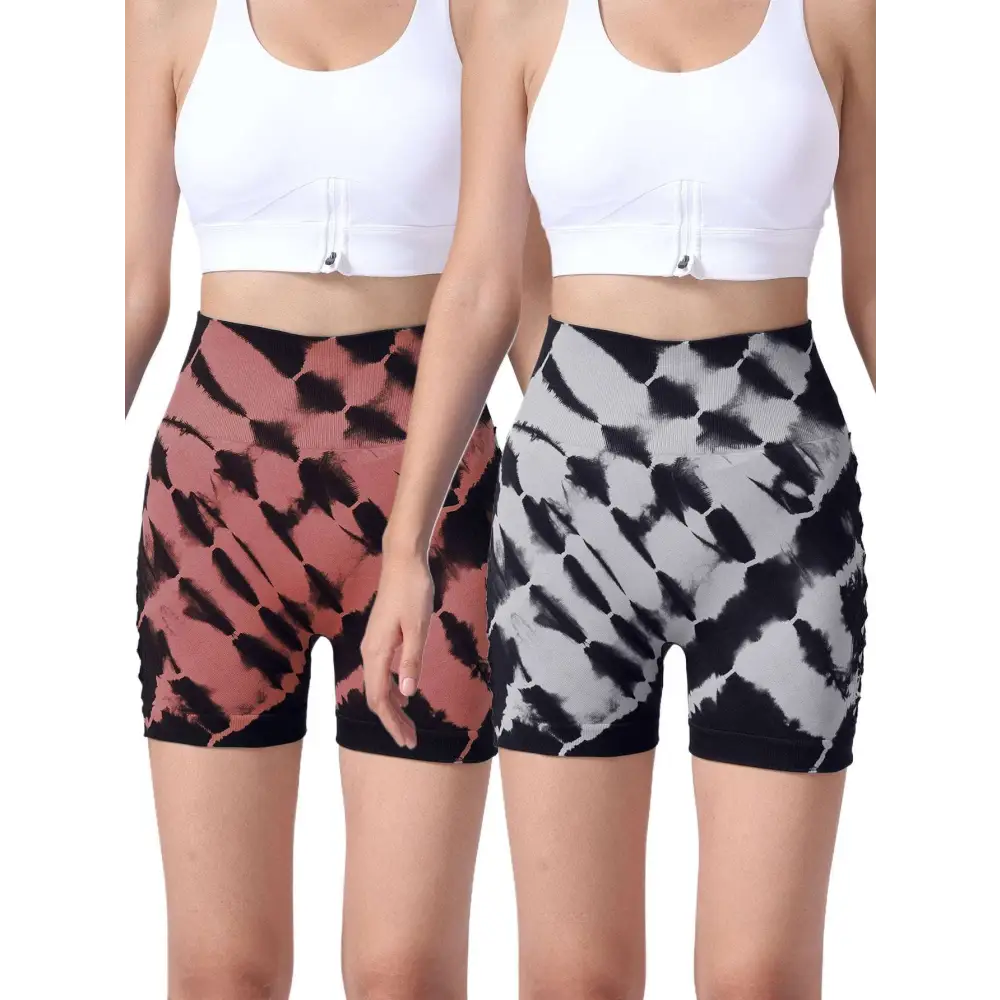 2 pack tie dye high waist seamless yoga shorts featuring pink black and black white seamless hip lift patterns