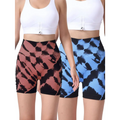 2 pack tie dye high waist seamless yoga shorts in pink black and blue black with seamless hip lift design