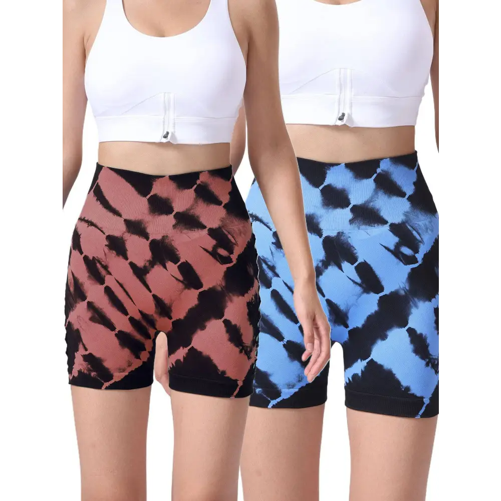 2 pack tie dye high waist seamless yoga shorts in pink black and blue black with seamless hip lift design