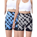 Two pack tie dye high waist seamless yoga shorts in blue black and gray black featuring seamless hip lift design