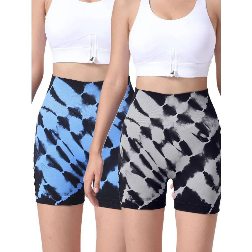 Two pack tie dye high waist seamless yoga shorts in blue black and gray black featuring seamless hip lift design