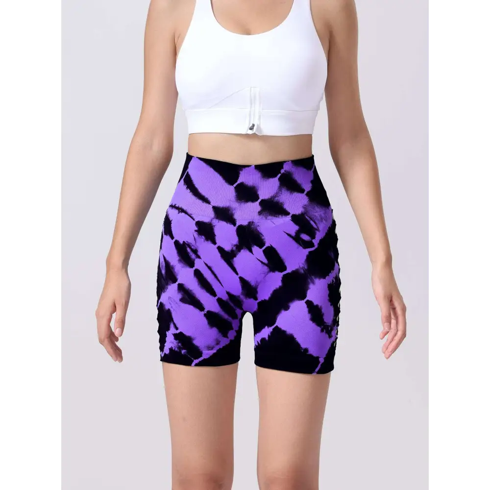 Black and purple pack tie dye high waist seamless athletic shorts with ribbed waistband perfect for yoga and fitness