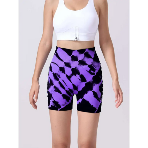 Purple and black tie dye high waist seamless bike shorts with seamless hip lift in a 2 pack tie dye set