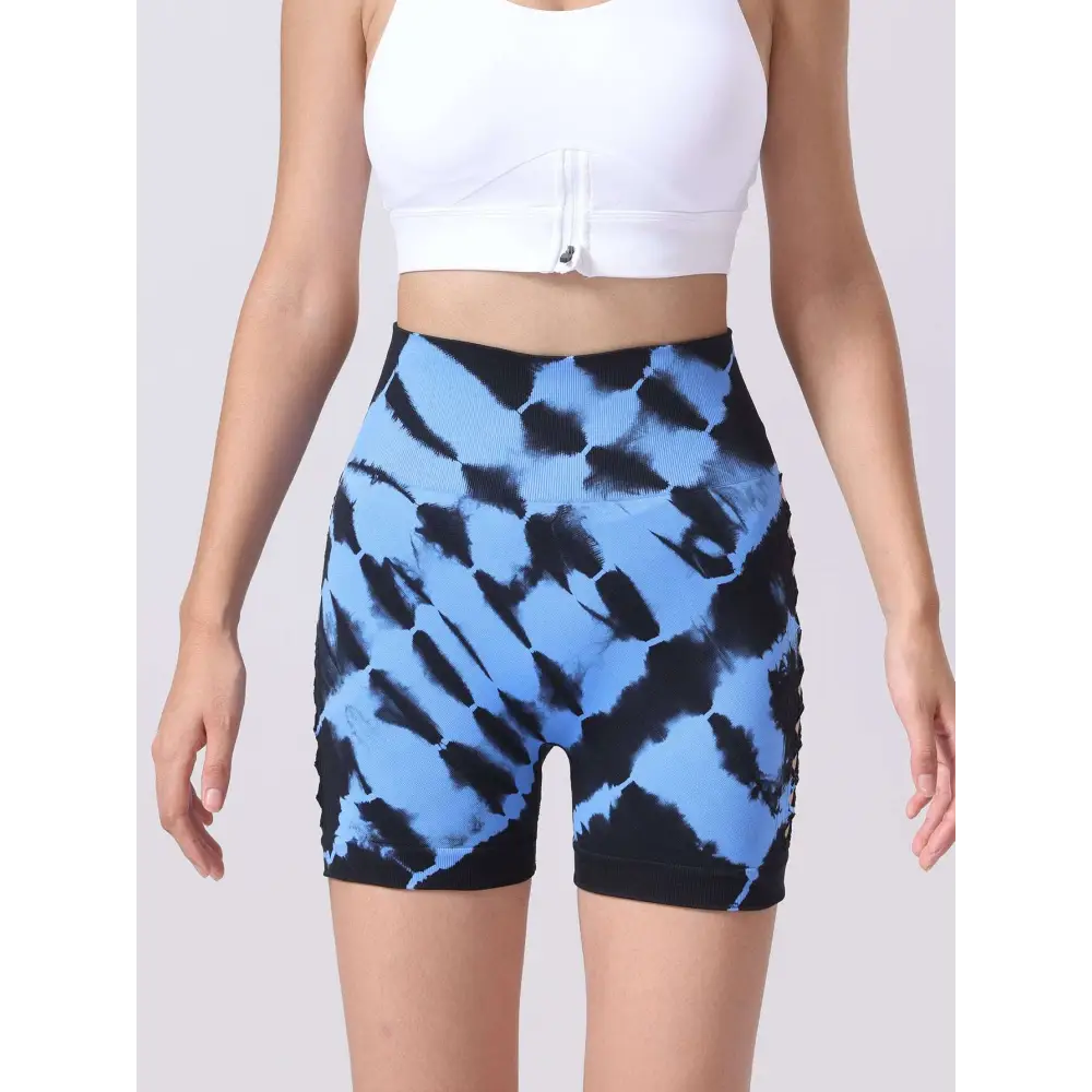 Blue and black pack tie dye high waist seamless yoga shorts with seamless hip lift design for athletic use