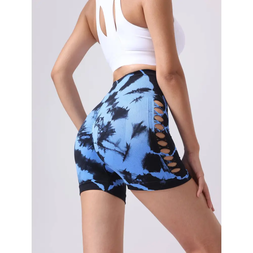 Blue and black tie dye high waist seamless workout shorts with side cutouts for seamless hip lift in 2 pack tie dye