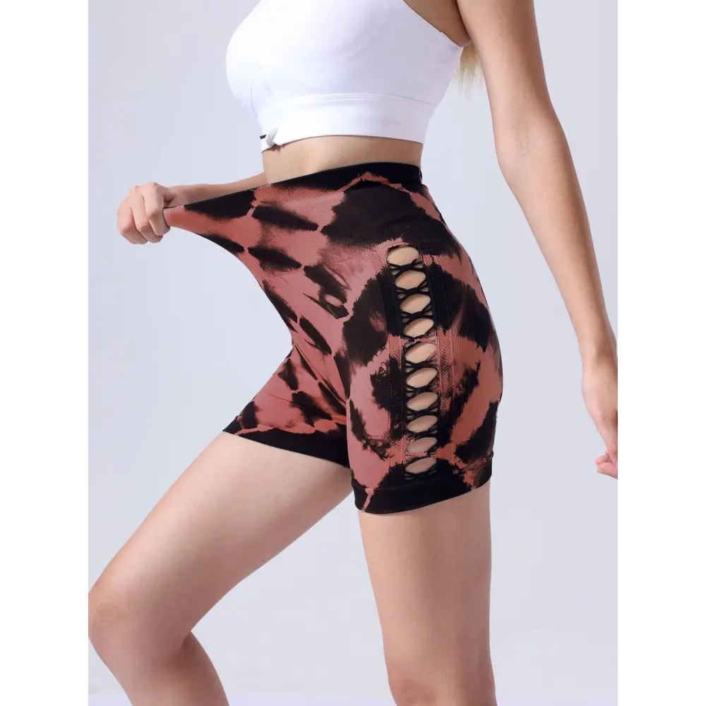 High waist seamless 2 pack tie dye yoga shorts with bold black and rose lace-up design for seamless hip lift