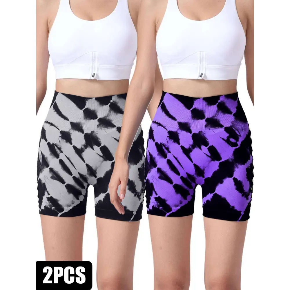 Black and purple pack tie dye high waist seamless athletic shorts with ribbed waistband perfect for yoga and fitness
