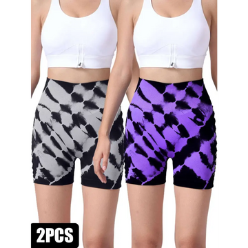 Black and purple pack tie dye high waist seamless athletic shorts with ribbed waistband perfect for yoga and fitness