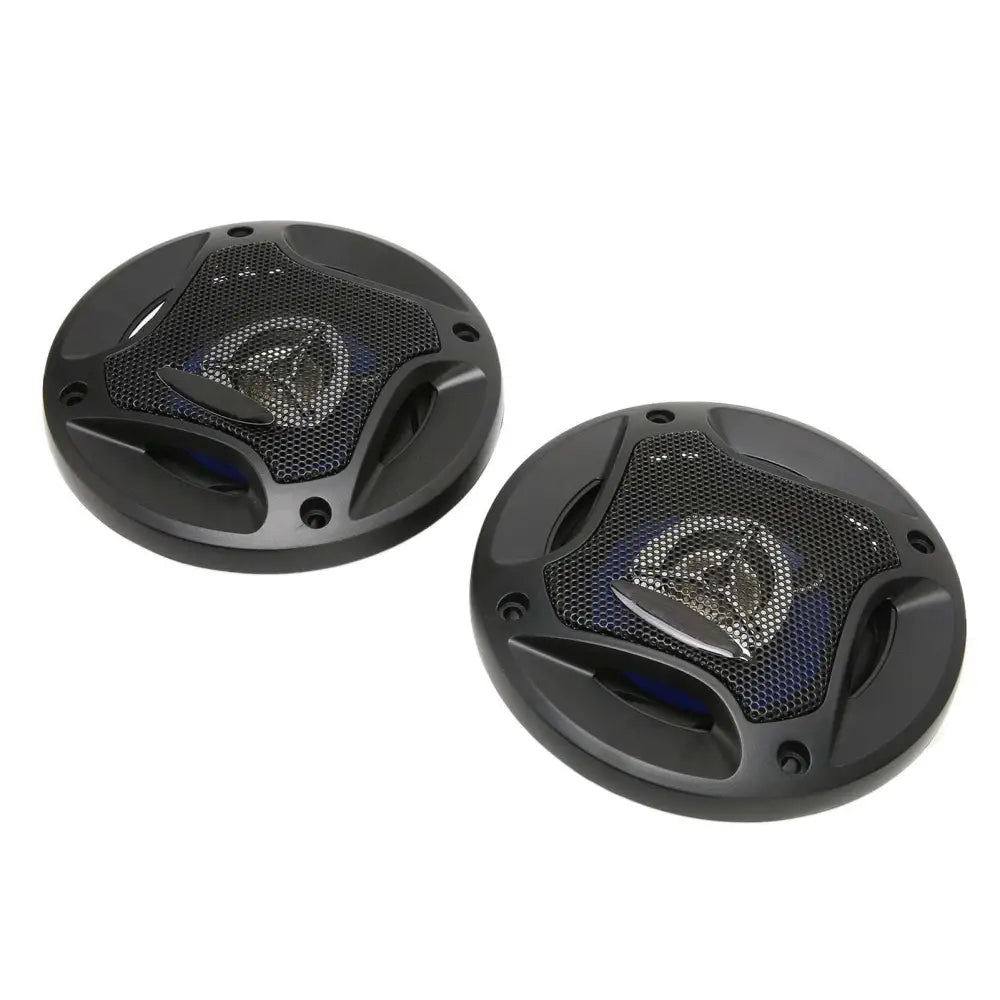 Black 4in coaxial car audio speakers with mesh grille silver center cone 280w power and heat dissipation design