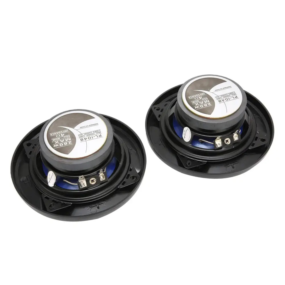 Black and silver 280w car speakers with blue accents featuring coaxial car audio design and heat dissipation features