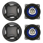 Set of four black and blue 4 inch coaxial car audio speakers 280w with mesh grille design for heat dissipation