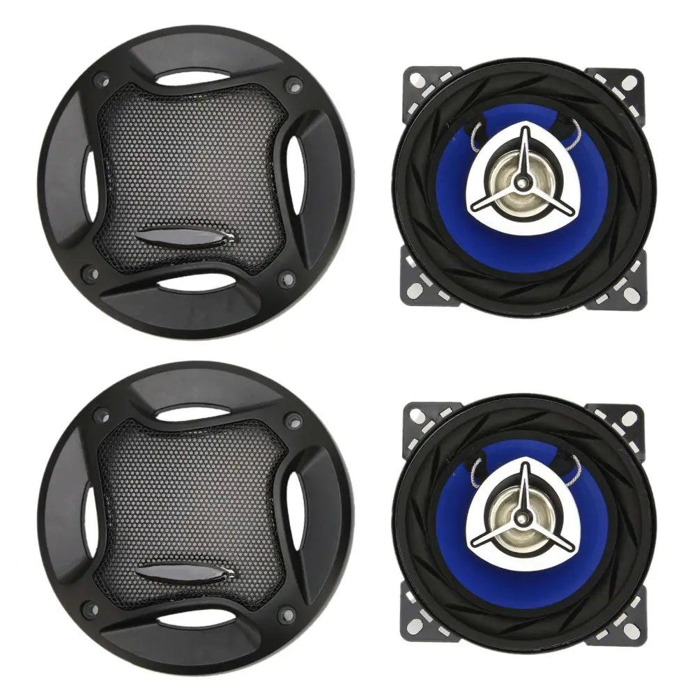 Set of four black and blue 4 inch coaxial car audio speakers 280w with mesh grille design for heat dissipation