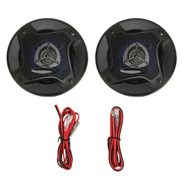 Black 4in car speakers 280w coaxial car audio pair with silver center cone mesh grille and red wiring harness for heat dissipation