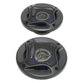 Black circular 4in coaxial car audio speakers with mesh grille blue accent lighting and heat dissipation 280w power