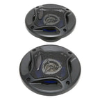 Black circular 4in coaxial car audio speakers with mesh grille blue accent lighting and heat dissipation 280w power