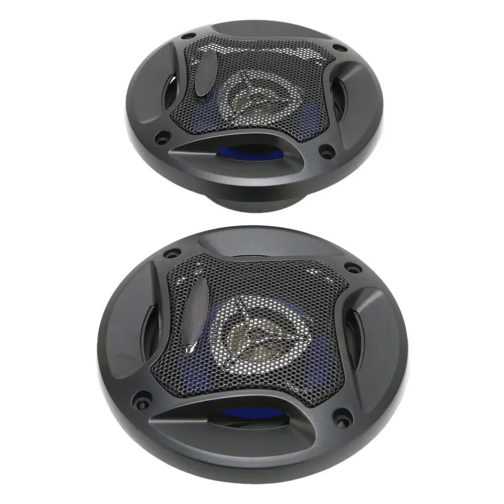 Black circular 4in coaxial car audio speakers with mesh grille blue accent lighting and heat dissipation 280w power