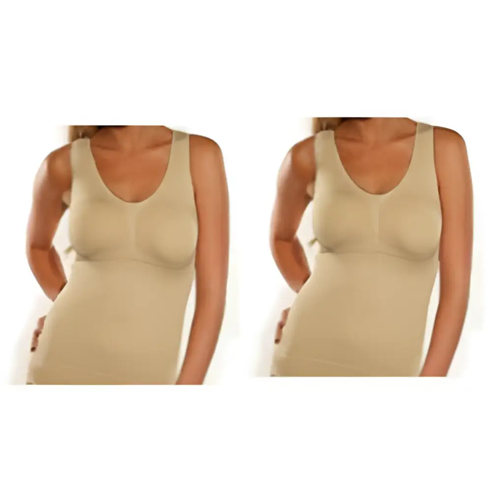 Beige seamless cami shaper with v-neckline and side seam detailing providing upper bust support in sleeveless fitted units