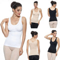White seamless cami shaper sleeveless fitted unit tank top with scoop neckline and racerback for upper bust support