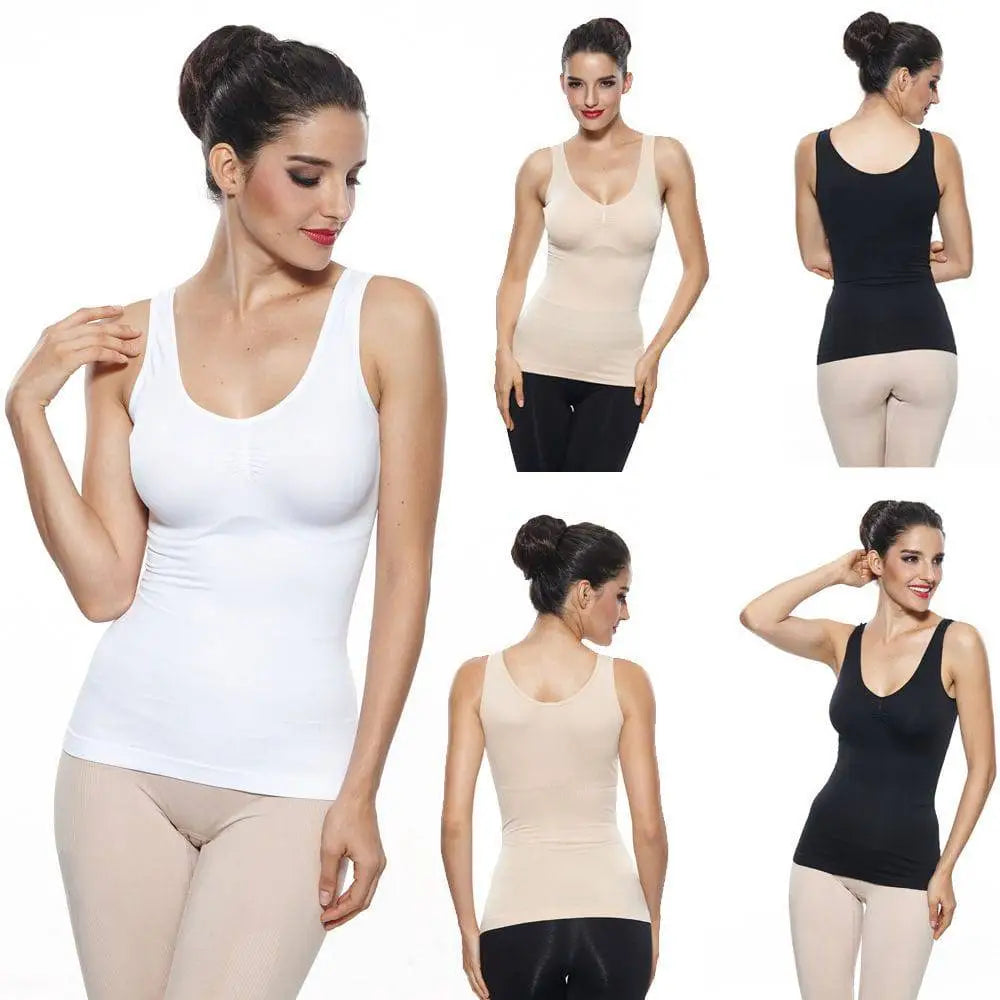 White seamless cami shaper sleeveless fitted unit tank top with scoop neckline and racerback for upper bust support