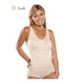 Nude-colored cami shaper seamless set with sleeveless fitted units offering upper bust support in bodycon style