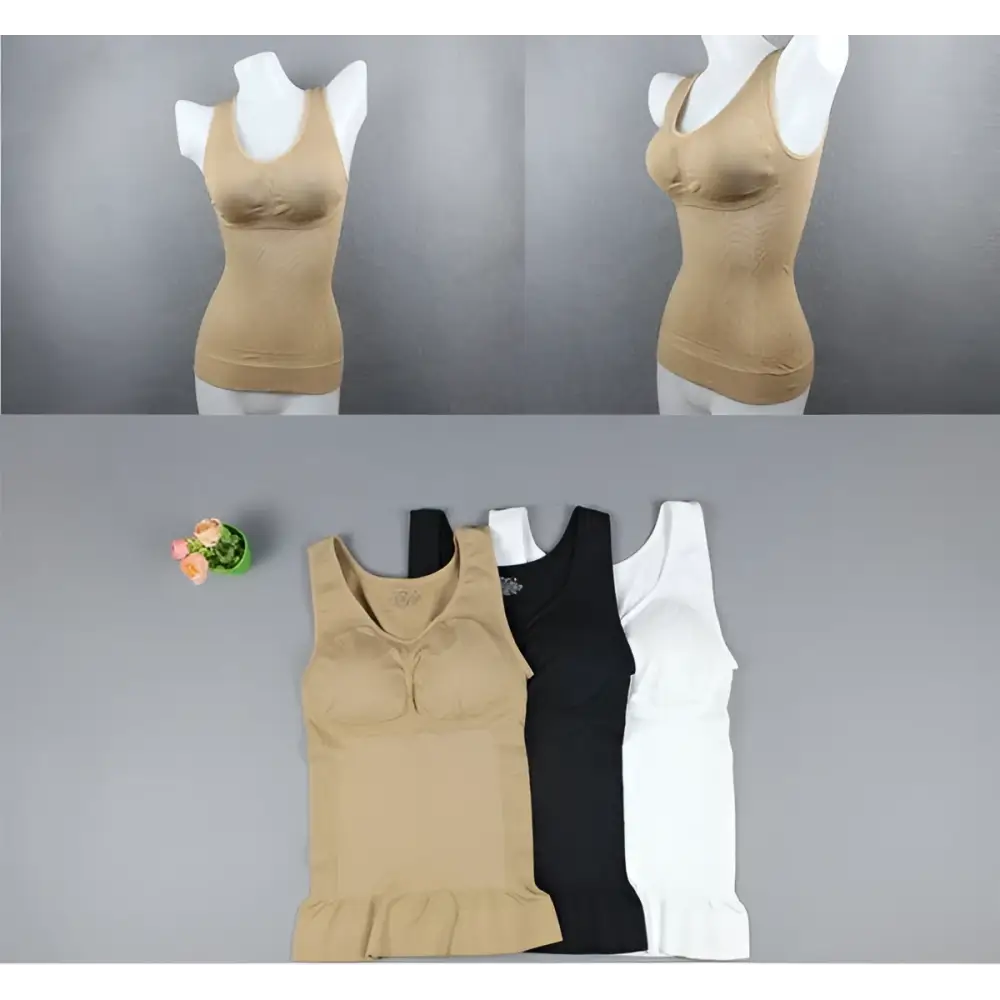 Beige cami shaper seamless tank top with upper bust support and ruffled hem in sleeveless fitted units set