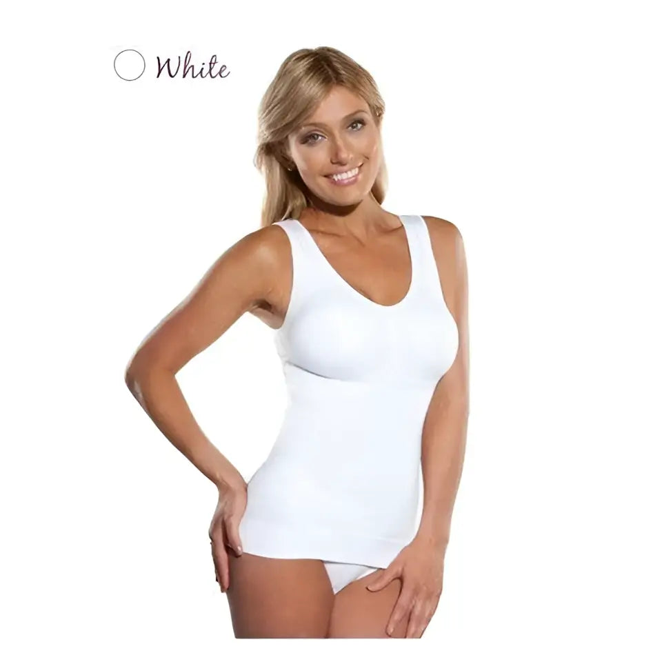White sleeveless fitted units tank top with v-neckline offering upper bust support in cami shaper seamless set