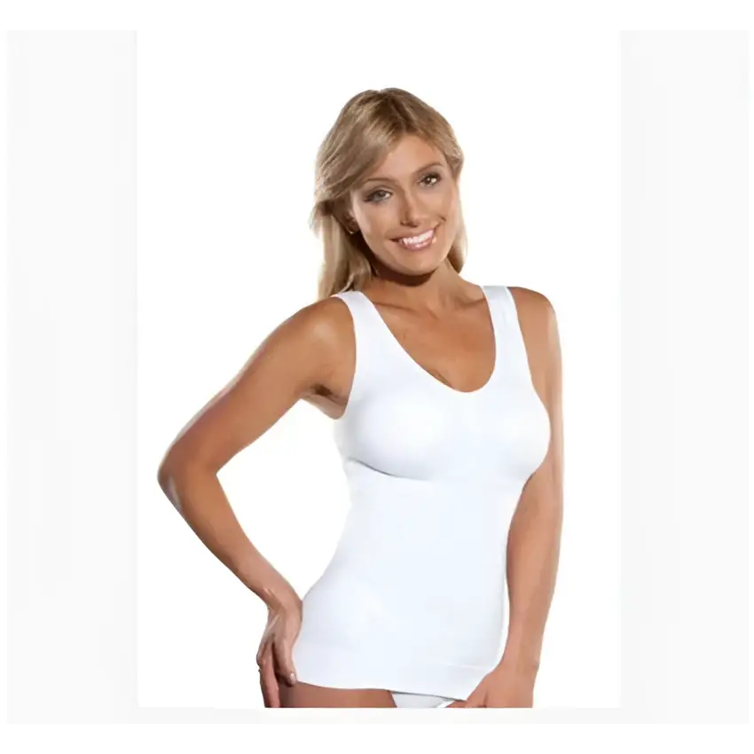 White sleeveless fitted units tank top with rounded neckline cami shaper seamless fabric for upper bust support