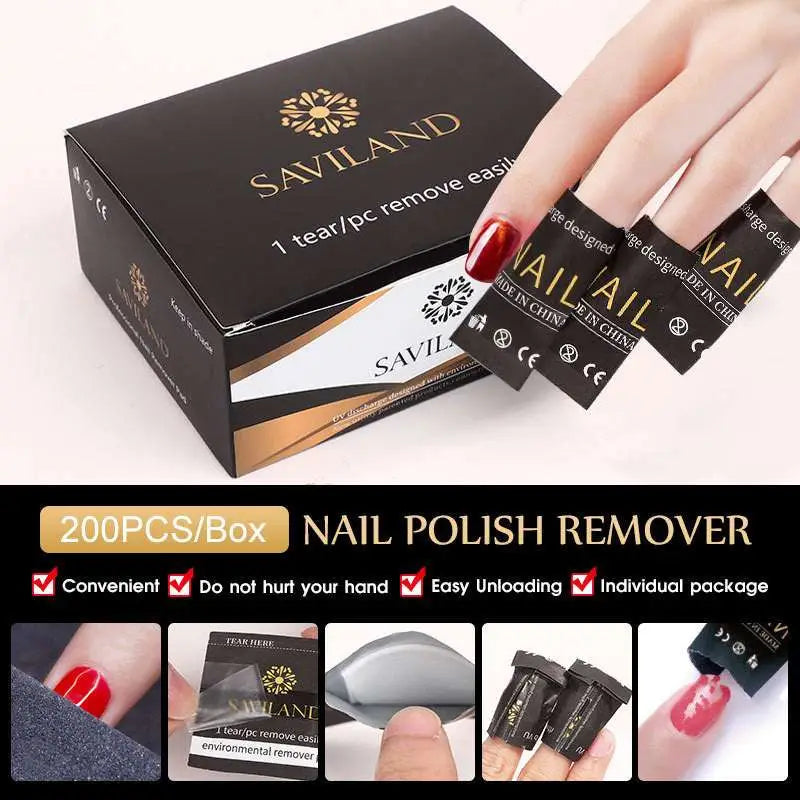 Saviland nail polish remover wraps in individual packets with 200pcs box in black and gold packaging for effective nail polish removal
