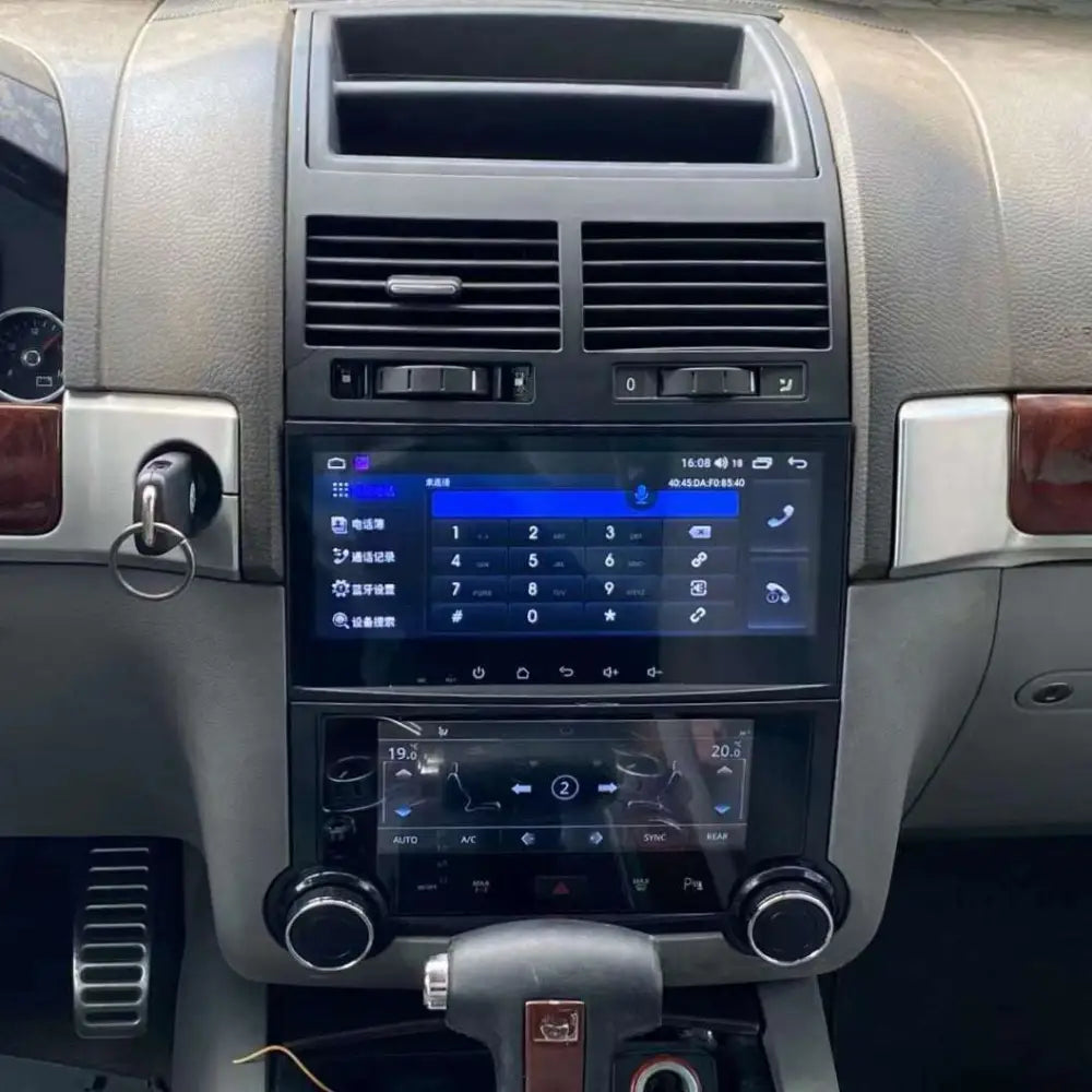Black touchscreen car stereo with silver trim and dual displays for 2003 touareg android smart navigation system