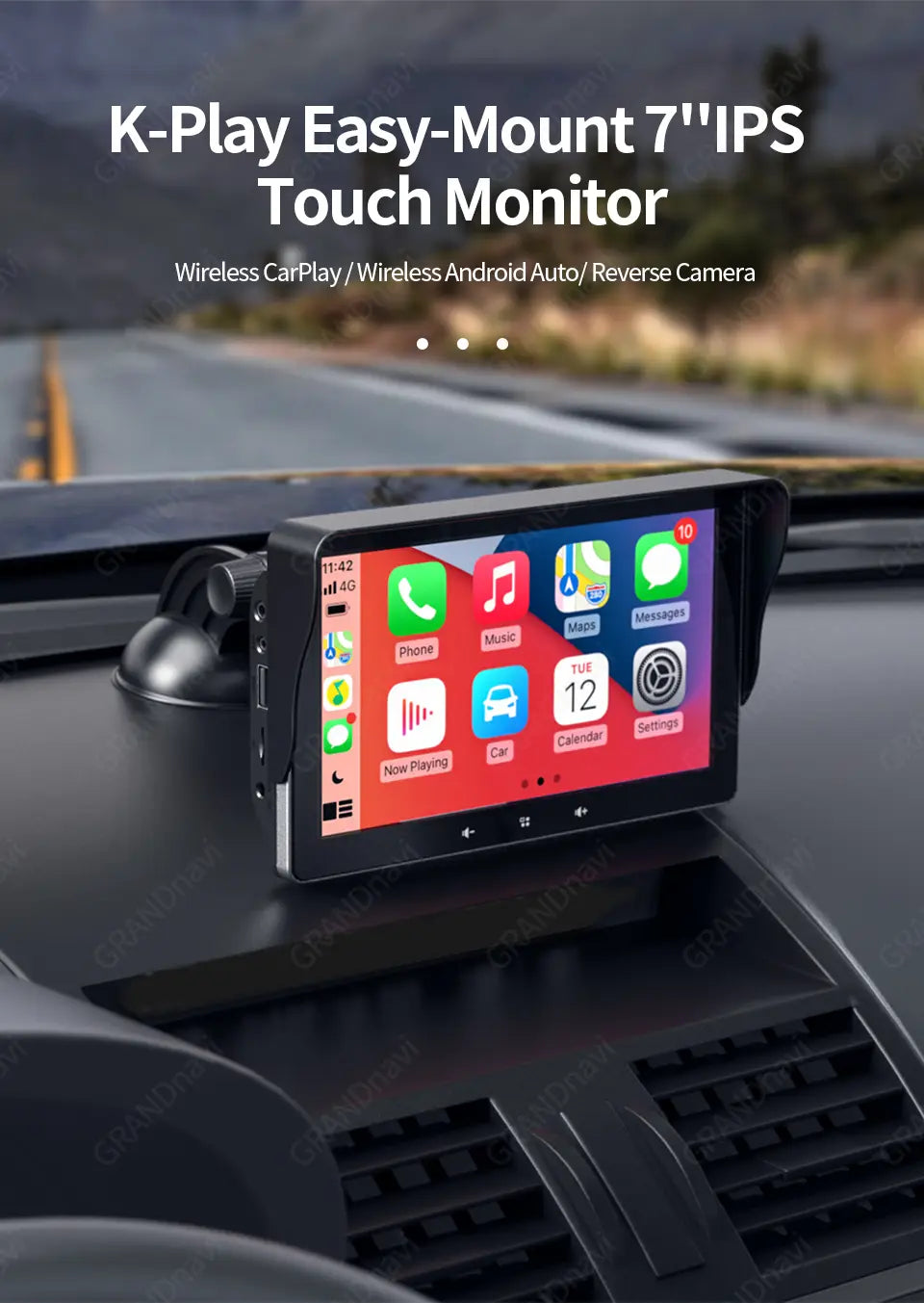 black k-play easy-mount 7 inch ips touch monitor with sleek rectangular design and visible app icons featured as a wireless carplay display powered by cigarette lighter connection