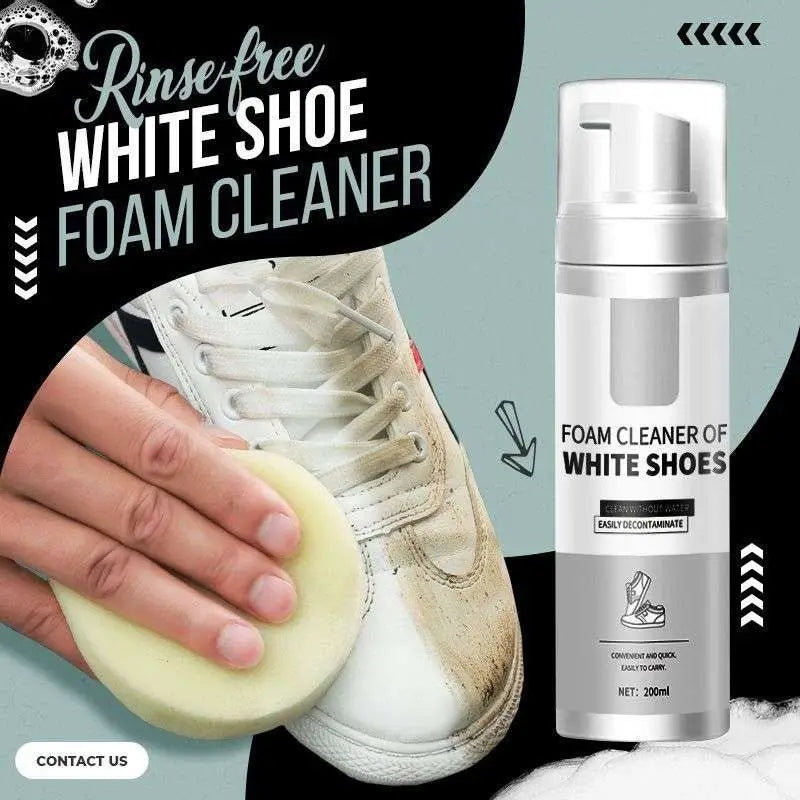 A sleek silver and white 200ml rinse-free foam white shoe cleaner with pump dispenser for shoe cleaner whitening