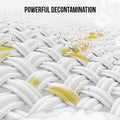 White woven fabric with yellow liquid and golden particles being removed by 200ml foam white shoe cleaner pump dispenser for whitening