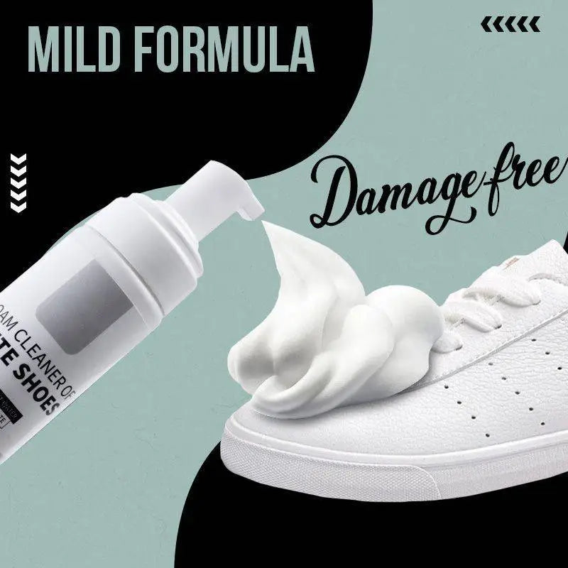 A sleek silver 200ml foam white shoe cleaner with whitening pump dispenser for maintenance in one step